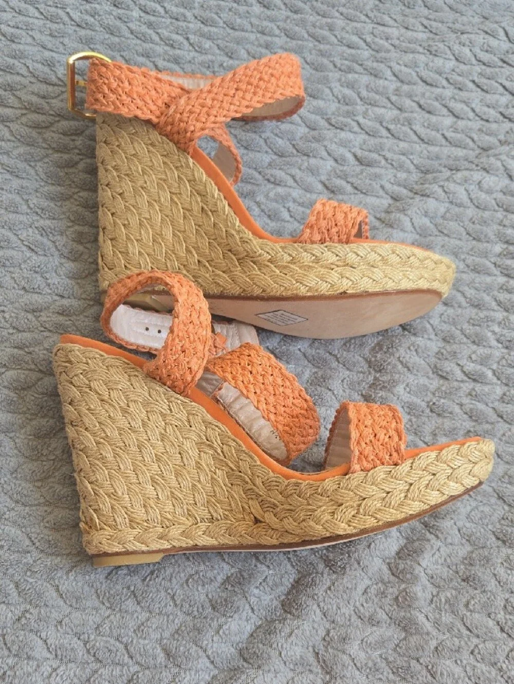 Stuart Weitzman Alex Orange Braided Espadrille Wedge Sandals - Picture 12 of 13